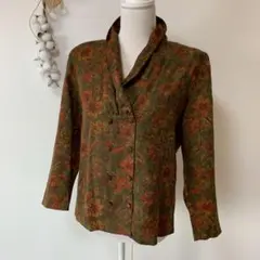 レナウン レディース レトロ　ボレロ ジャケット カーキ 花柄 Sサイズ　古着