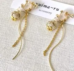 ゴールド螺旋イヤリング/水引玉結び