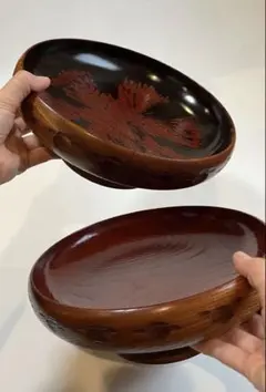 【漆塗り】伝統工芸品　盛鉢（菓子器）2点セット （朱塗り×松葉デザイン）