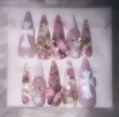 ネイルチップ 韓国 ワンホン ギャル ロング 十字架 クロム ガーリー コア