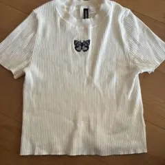 H&M DIVIDED 蝶々刺繍 リブカットソー ホワイト M