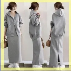 セットアップレディースジッパーウエストパーカースカートグレー裏起毛 L