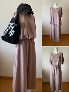 ミラオーウェン　ゆったりパンツとラグラン袖トップスセットアップ　ピンクベージュ