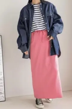 美品 LOWRYSFARM カットリブタイトスカート ピンク