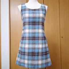 HARTFORD グリーンブルー系チェック柄ノースリーブ ミニワンピース 9号