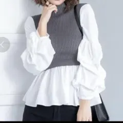 fifth ボリュームスリーブドッキングブラウス ニット 長袖 ブラウン 秋