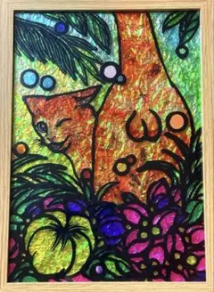 花と猫とにゃんたま沖縄手描きイラストステンドグラスガラス絵の具富士山開運風景画