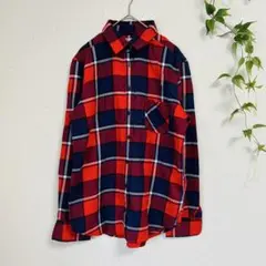 良品✨UNIQLO M フランネルチェックシャツ（長袖）赤×ネイビー 綿100%
