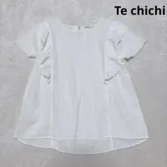 【テチチ】フリル付きコットンカットソー 透け感 模様ストライプ ホワイト Ｆ