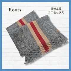 ROOTS 大判マフラー グレー チェック ユニセックス ストール 冬 防寒