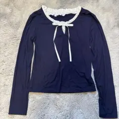 SHEIN フリルネック リボン 長袖 カットソー ネイビー