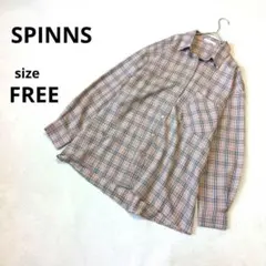 美品　スピンズ　チェック柄長袖シャツFREE 大きめサイズ　ブラウン系　中国製のサムネイル