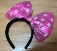 ミニーマウス　水玉　ビッグリボンカチューシャ　ピンク