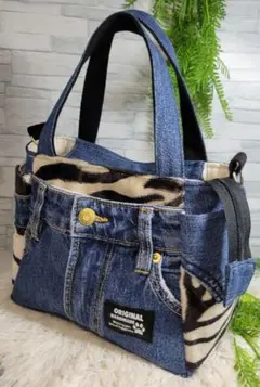 [デニムリメイク]　サイドポケット付きトートバッグ(小)　№261