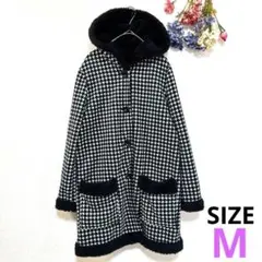 千鳥柄アウター 総柄 もこもこ 裏ボア フーデッドハーフコート モノトーン