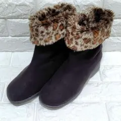 【Liberty house】ヒョウ柄ファー　ムートンブーツ　ブラック　23.5