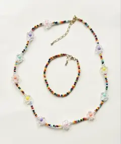 ハンドメイド ビーズ ネックレス ブレスレット フラワー カラフル アクセサリー