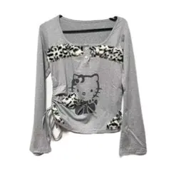 y2k 平成ギャル 長袖カットソー 長袖Tシャツ グレー ヒョウ柄毛皮