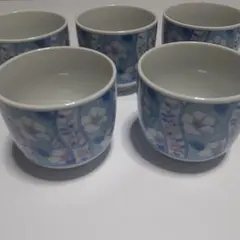 ⑦青色花柄 湯飲み 5個セット