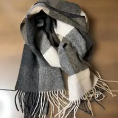 アンディコール ウール100% 厚手大判チェックストール ベージュ×グレー