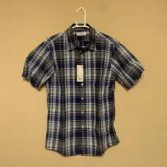 UNIQLO リネンコットン チェックシャツ 半袖 ブルー M