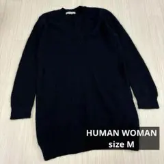 HUMAN WOMAN Vネックセーター モヘヤ　チェック柄　ネイビー　グリーン