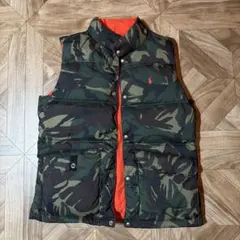 ラルフローレン　リバーシブルダウンベスト　オレンジレッドxカモフラ　160