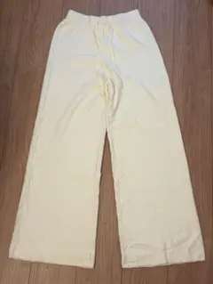 ホワイト ワイドパンツ リブニット　ボトムス　Lサイズ