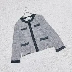 【自由区】　ツイードノーカラージャケット　（４０）　羽織り　セレモニー　グレー