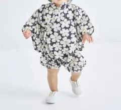 ベビー甚平 ロンパース　ブラックフラワー　80cm