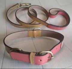 12 牛革製中大型犬用L サイズ首輪&リードセット、レッド×ライトブラウン切替