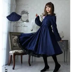 レース袖とリボンデザインの袖口が上品な大人ネイビーワンピース　favorite