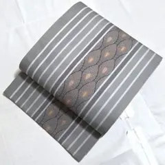 B◆着物くつろぎ 孔雀の羽模様 縦縞 ストライプ 全通 正絹 カジュアルな袋帯