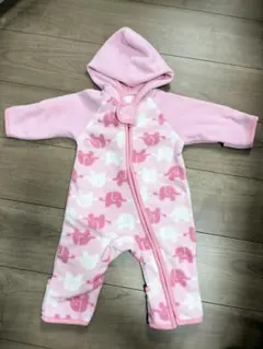 【美品】ピンク象柄フリースロンパース　フード付き