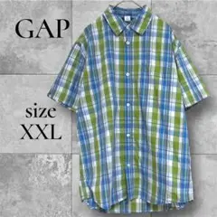 【ギャップ】マドラスチェック柄半袖カジュアルシャツ グリーン ブルー XXL