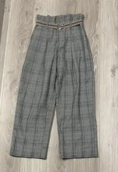 グレー系チェック ワイドパンツ ベルト付き