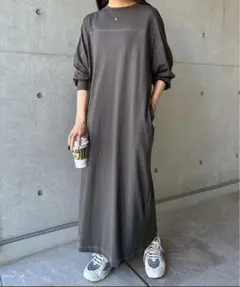ダークグレー 長袖ロングワンピース ポケット付き マタニティ