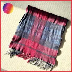 美品✨フリンジマフラー　赤　紺　格子チェック　秋冬　ストール　防寒　ウール　毛