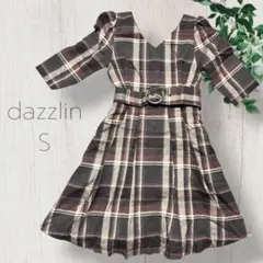 dazzlin ダズリン ベルト付5分袖チェックワンピース ブラウン S 美品