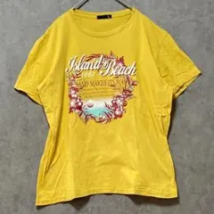 プリントTシャツ（L）ハワイアン＊バックプリント＊半袖＊綿100％＊イエロー