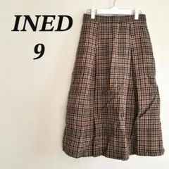INED イネド レディース M 茶 ブラウン チェック ウール タックスカート