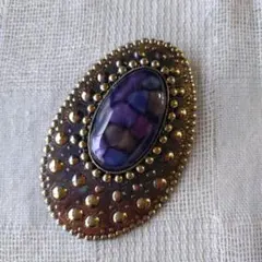 【017】ヴィンテージ　ブローチ　大ぶり　卵型　パープル