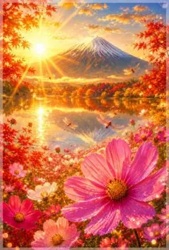 秋の富士山とコスモス　秋桜　秋の風景　日本の風景　風景画　黄金　光　C200