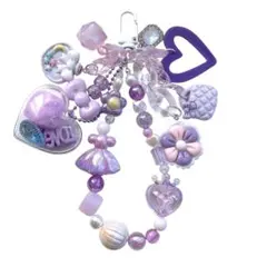 ビーズストラップ 紫 ハート じゃらじゃらキーホルダー スマホストラップ