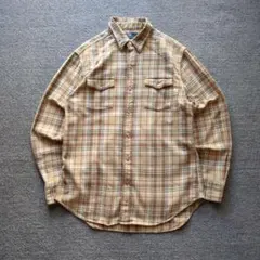 90sラルフローレンウエスタンネルシャツチェック厚手硝子ボタンWポケットベージュ
