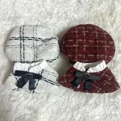 ぬい服 ケープ ポンチョ ベレー帽 チェック ツイード 赤 白 セット