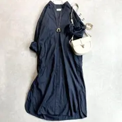 美品 イエナ ストライプ柄バンドカラーシャツワンピース 長袖 ダークネイビー