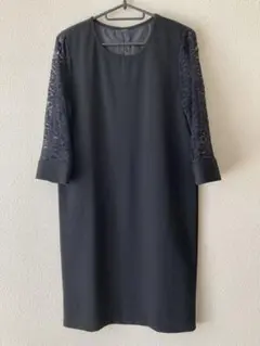 LACE LADIES 袖レース ひざ丈ワンピース 七分袖 ブラック 結婚式のサムネイル