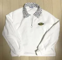裏起毛 襟付きスウェット ホワイト ダルメシアン柄襟 トレーナー ハーフジップ