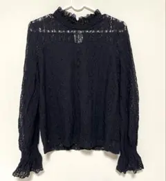 レース フリルネック 長袖ブラウス 黒 レーストップス